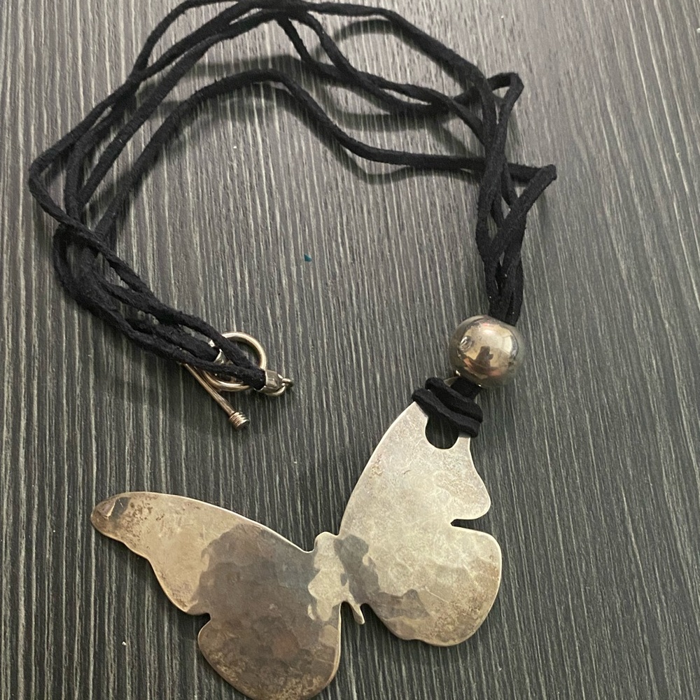 Sterling Silver Butterfly Pendant Necklace - Black Cord